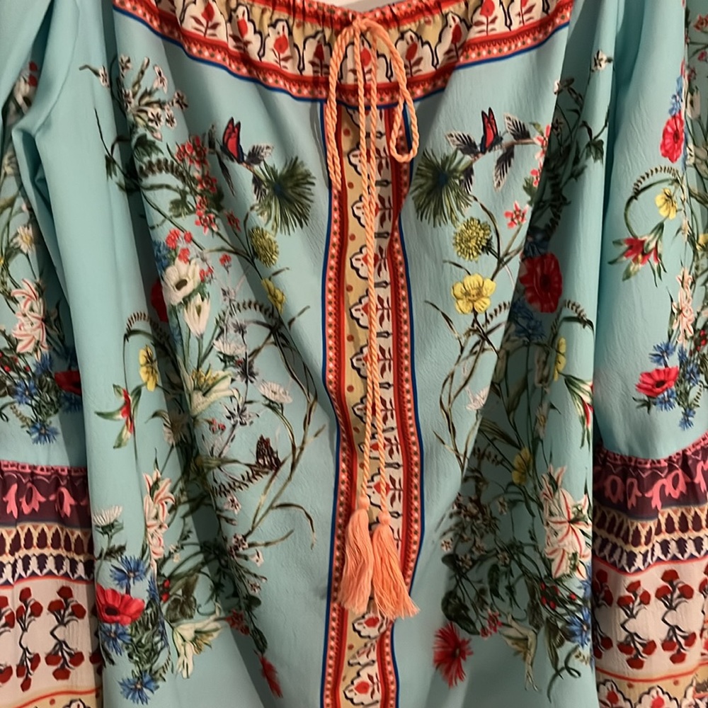 Umgee Light Blue Floral Off-Shoulder Blouse with Tassel Tie - Picture 2 of 13